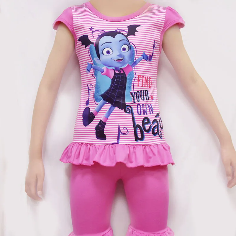 

Summer Junior Vampirina Pattern Reffuled T-shirt Homewear Suit Gilrs Sleepwear Pyjamas Big Bow Pajamas Set Cartoon Lady Bag Bow