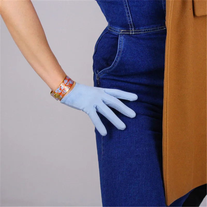 New Suede Woman's Gloves Brushed Suede Matte Dermabrasion Simulation Leather Light Blue Ultra-short 16cm TB113