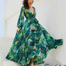 Vestido largo Sexy de brazo verde Tropical vintage de playa Maxi ropa Boho Casual v-cut cinturón Top Up tuneka Drapierte vestido de talla grande