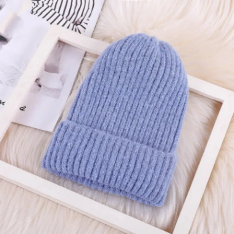 Модная шерстяная шапка Skullies Beanie для женщин и девочек, однотонная теплая шерстяная трикотажная шапка, ветрозащитная женская зимняя шапка - Цвет: Небесно-голубой