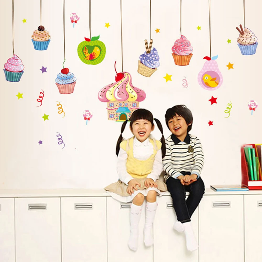 

New 1PC PVC Lovely Wall Decals Cartoon Cupcake Ice Cream Wall Stickers Kids Children Room Wall Decorations Home Decor 60cm*90cm
