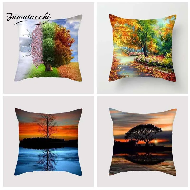 

Fuwatacchi Various Tree Printed Cushion Cover Plant Multi Color Tree Pillow Cover Lake Decorative Pillowcase for Home Sofa Seat