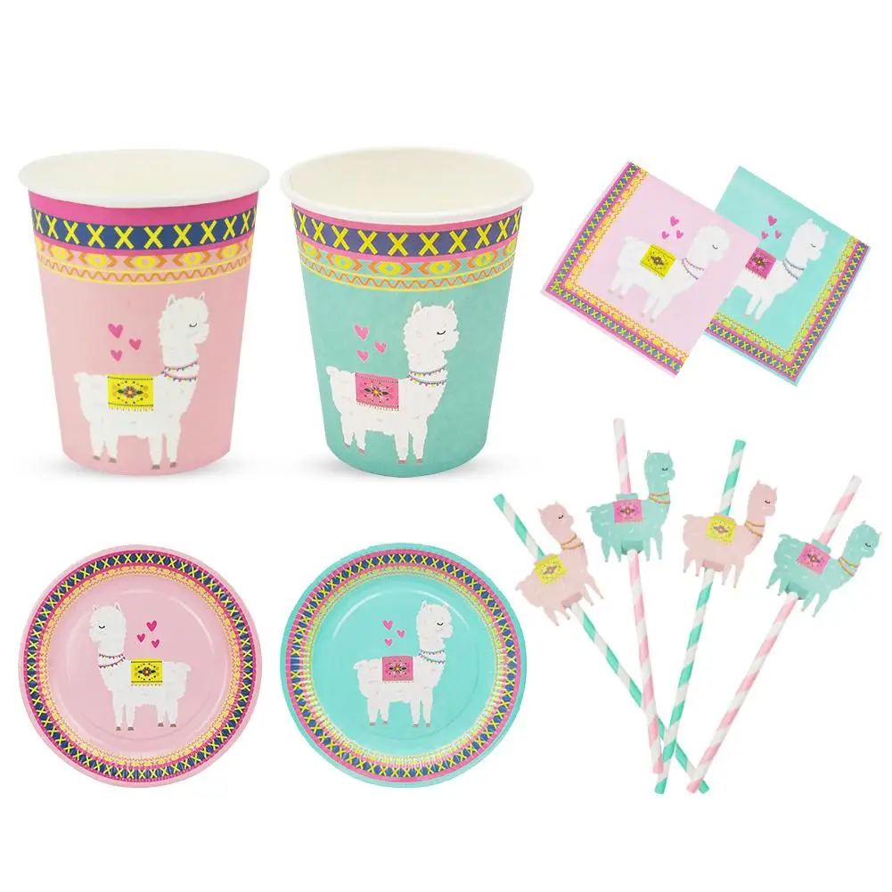 

8PCS Alpaca Paper Cup Disposable Tableware Paper Straw Plate Cup Children's Birthday Party Celebrations Cocktail Parties