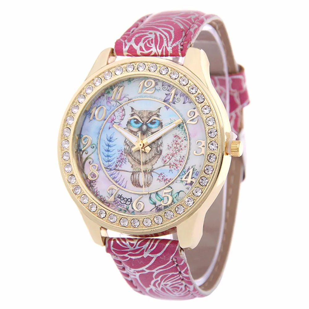 Женские часы с печатным ремешком, простые арабские цифры и цветы, изображение совы, штамп, бриллиантовый циферблат, кварцевые наручные часы, relogio a60 - Цвет: HOT PINK