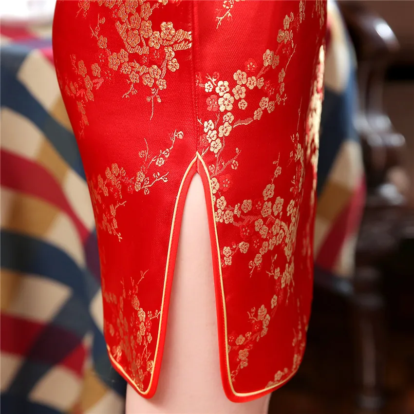 Новинка, красное китайское женское традиционное платье, шелковый атлас, Cheongsam, мини сексуальное Qipao, цветочное свадебное платье, размеры s, m, l, xl, XXL, WC022