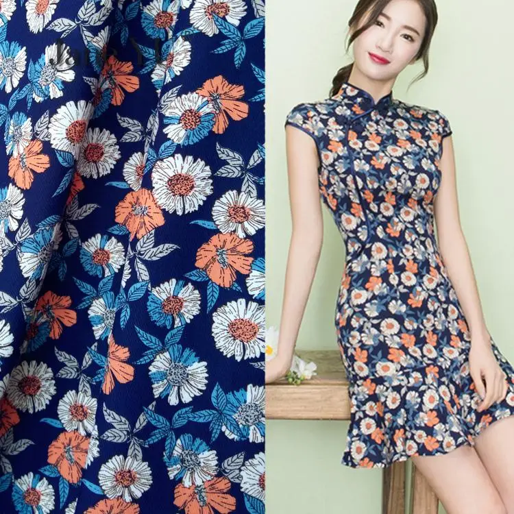 

JaneYU Spring Summer 2019 New Tibetan Blue Daisy Printed Elastic Twill Chiffon Fabric Dress Shirt Clothing Fabric