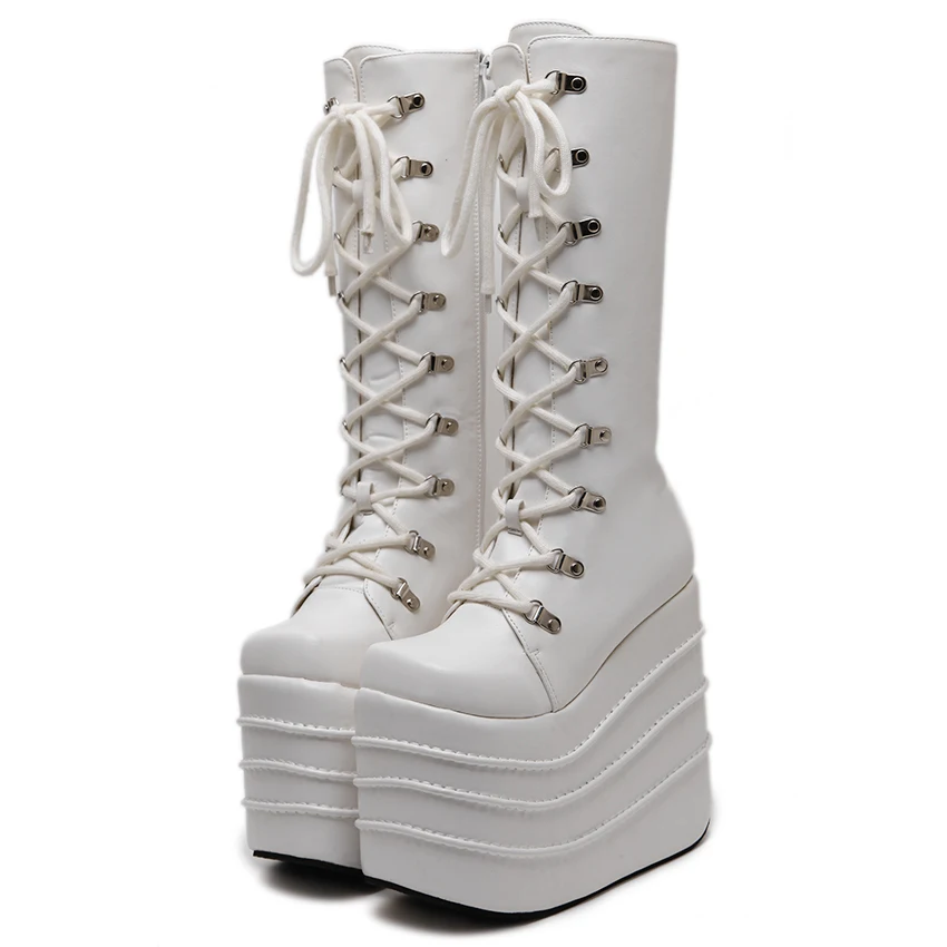 

US4-11 Womens Wedge Mid Calf Knee Boots Lace Up Platform Goth Punk Combat Military Super High Heel Height 16CM Black White