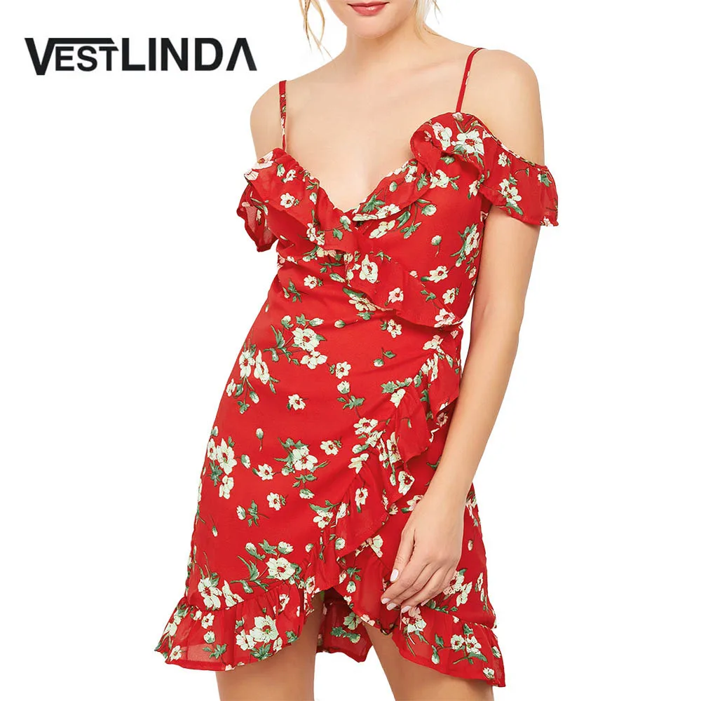 VESTLINDA Floral Print Mini Wrap Dress Red Spaghetti Strap V Neck Party Dresses Ruffles Asymmetrical Mini Vestidos Summer Dress 1