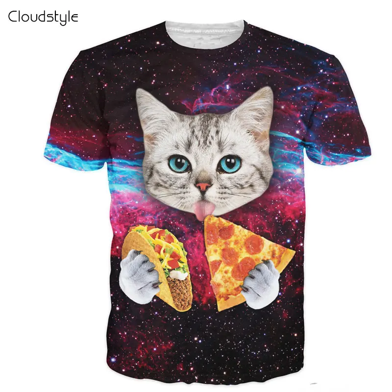 Cloudstyle 21 Patterns S-3XL 3D Men's T-Shirt Short Sleeve Cat Eating Pizza in Space Printed Tshirt Homme O Neck Brand Clothing | Мужская