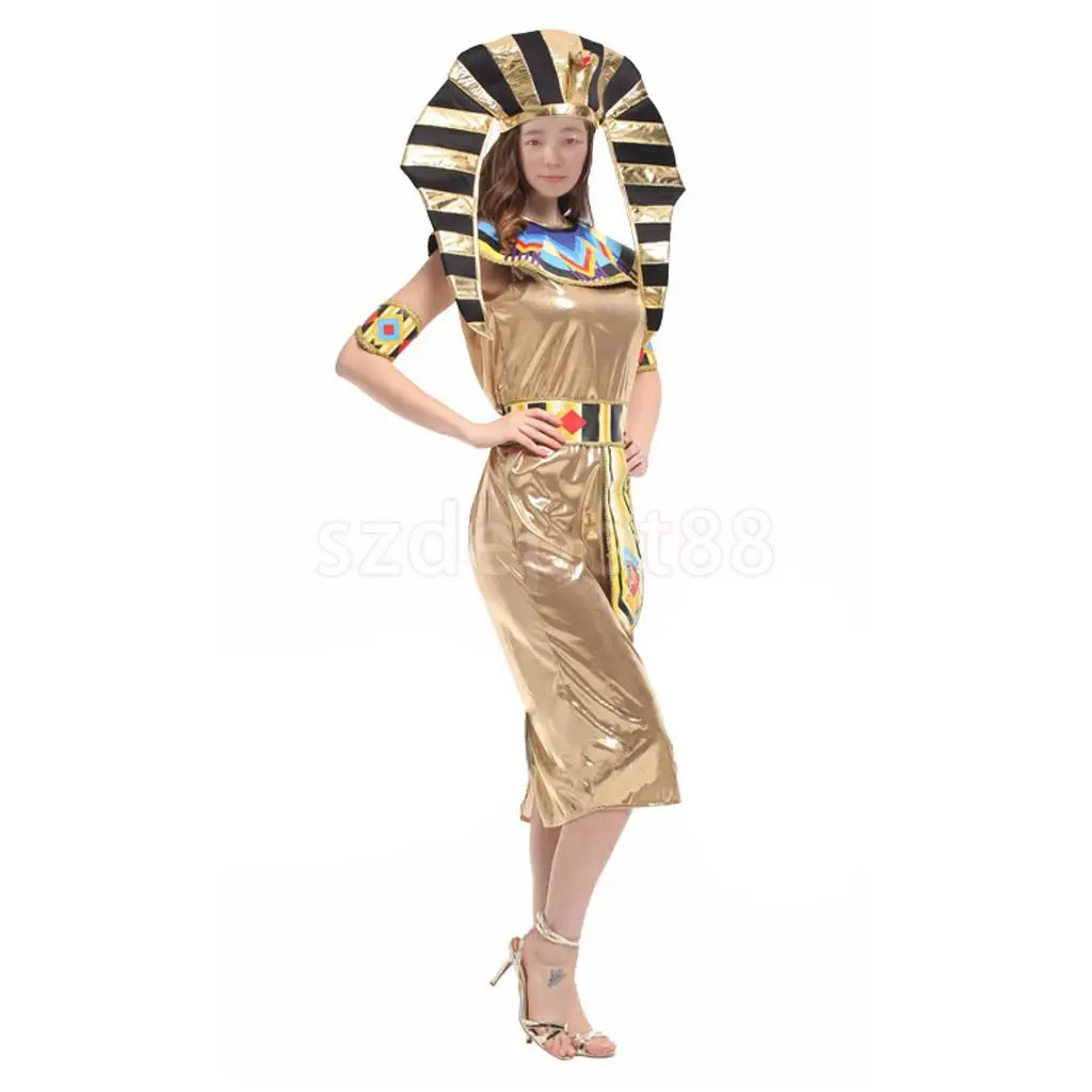 

Ancient Egypt Queen Egyptian Goddess Ladies Fancy Dress Halloween Costume Hat Waistband Armlets Outfit