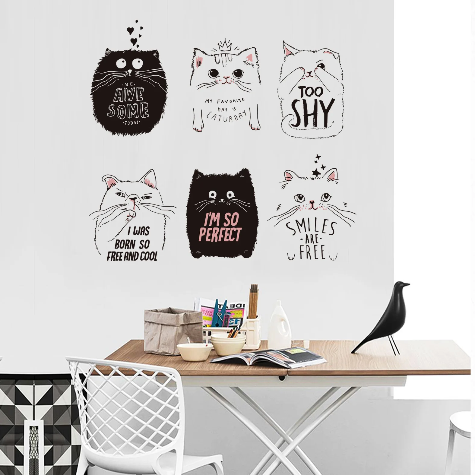 Новые милые наклейки на стену с котом, модный домашний декор, 6 шт., черно-белые обои для кошек, сделай сам, украшение для детской комнаты