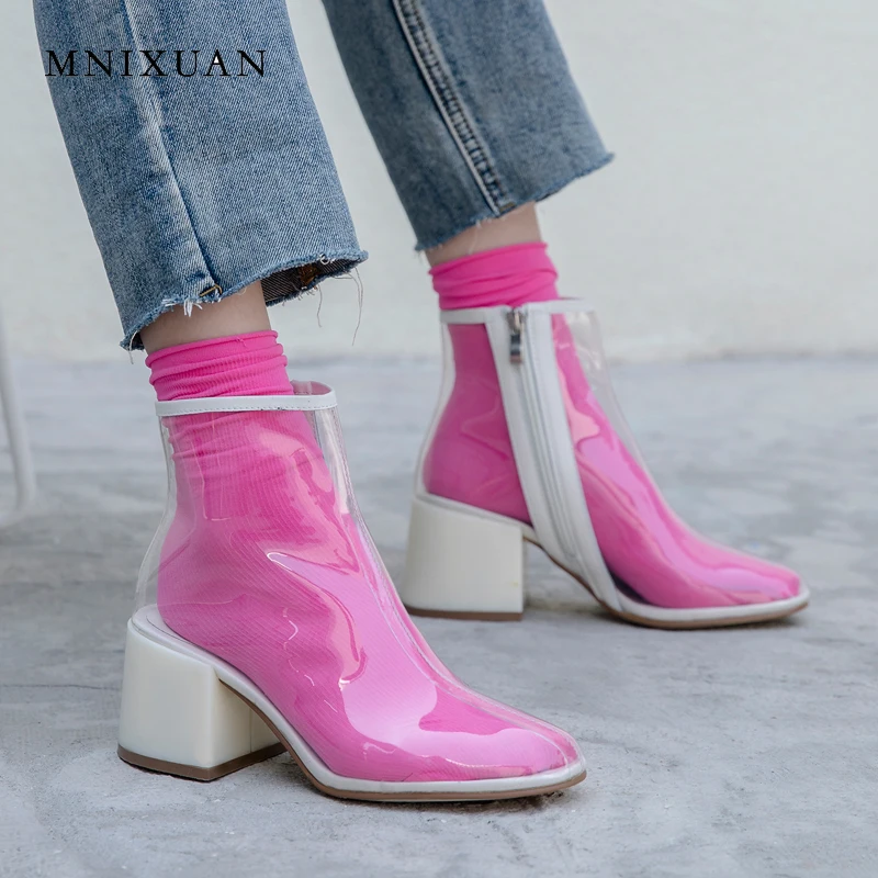 

MNIXUAN Handmade PVC Transparent shoes women genuine leather ankle boots 2018 summer round toe square high heel zipper plus size