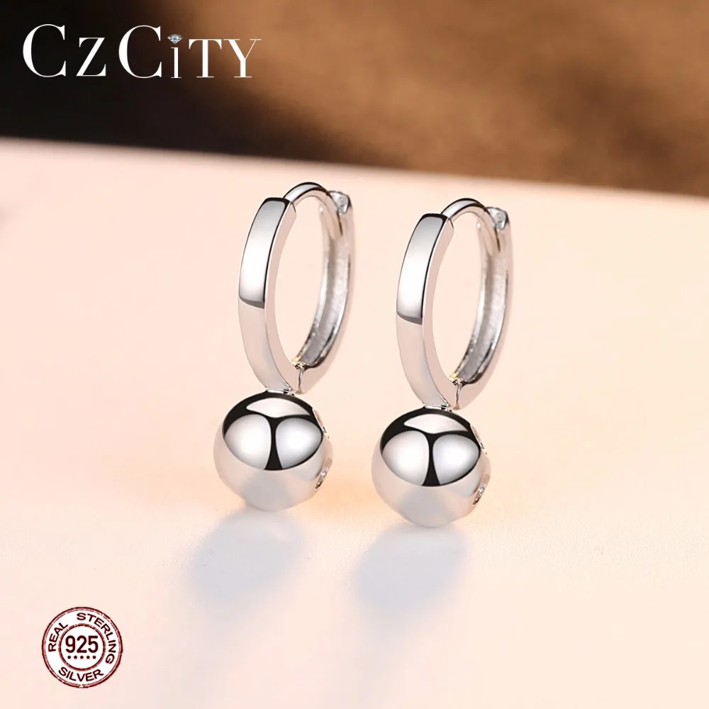 CZCITY круглый 925 серебряные серьги кольца с шариком реальные стерлингового серебра