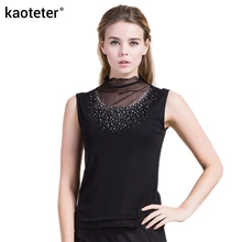 Шелковая женская футболка с воротником средней длины без рукавов, женская шелковая сетчатая кружевная тонкая футболка, женские модные топы