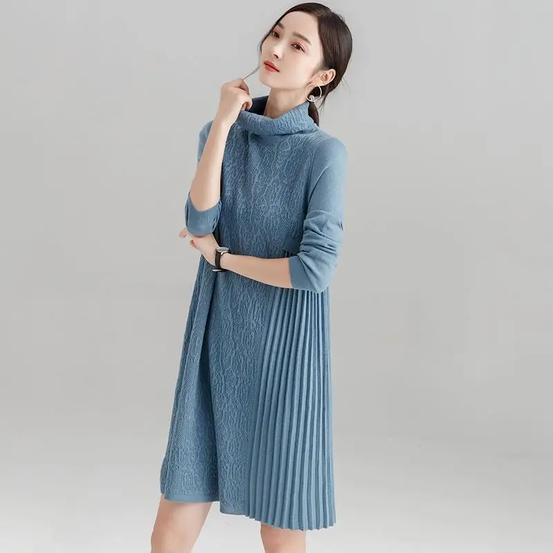 

New Elegant Turtleneck Twist Knitted Women Sweater Dress Ladies 2018 Loose Autumn Winter Dresses Female Pleated Dress Plus P62