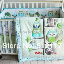 Новинка года 7 шт. птичка Совенок три Животные вышивкой детская кроватка Постельное белье 4 товаров Стёганое Одеяло Бампер Простыни юбка голубой цвет