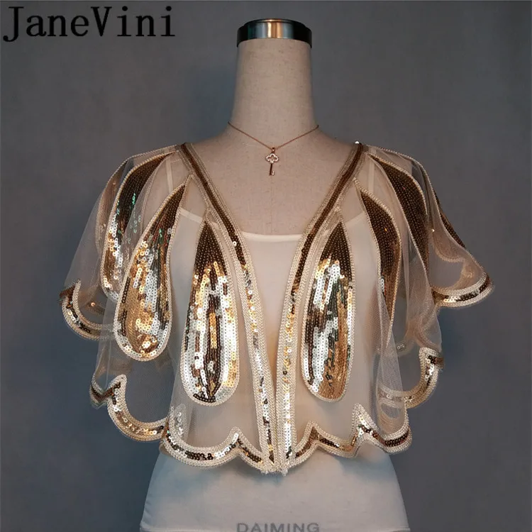 JaneVini Свадебные накидки с золотыми блестками и куртки шикарные белые женские болеро из бисера тюлевые Свадебные накидки Вечерние Hochzeit Болеро