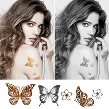 Секс-товары, ожерелье, тату, металл, водостойкая, временная татуировка, для женщин, флэш, металлик, поддельные, золотые, серебряные, бабочки, татуировки VH0003