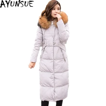Модное Длинное пуховое пальто с капюшоном, парка с натуральным мехом, зимняя куртка для женщин, уплотненный белый утиный пух, куртки Abrigo Mujer ST413