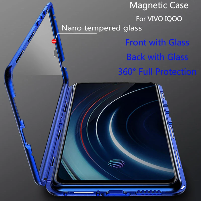 

Magnetic Adsorption Flip Metal Phone Case For VIVO IQOO Double Side Glass 360 Full Protector Cover IQOO Coque Shockproof Fundas