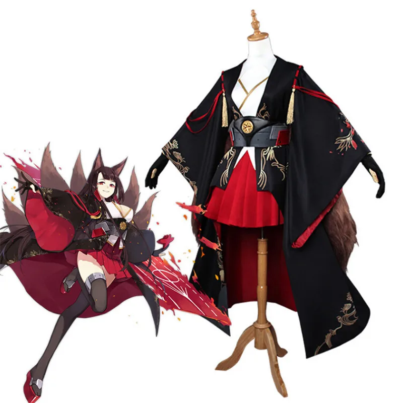 

Anime Azur Lane Akagi Battleframe Kimono Long Wig Ears Tail Cosplay Costume For Women Halloween Free Shipping New