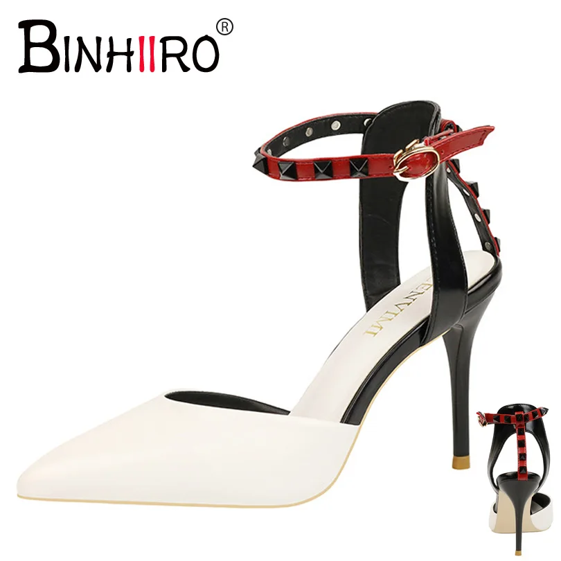 

Spring Women's Sandals PU Sexy Hasp Rivet Heels Pumps Stiletto Heel 9cm Pointed Toe Hollow Ventilation Shoes Woman Rivet Shoes