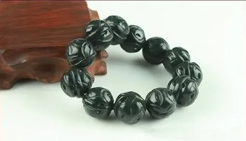 

18mm Natural Dark Green Stone Bracelet Chinese Hand-Carved Walnuts Hand String Bracelet Bangles Men's Fashion Stone Jewelry