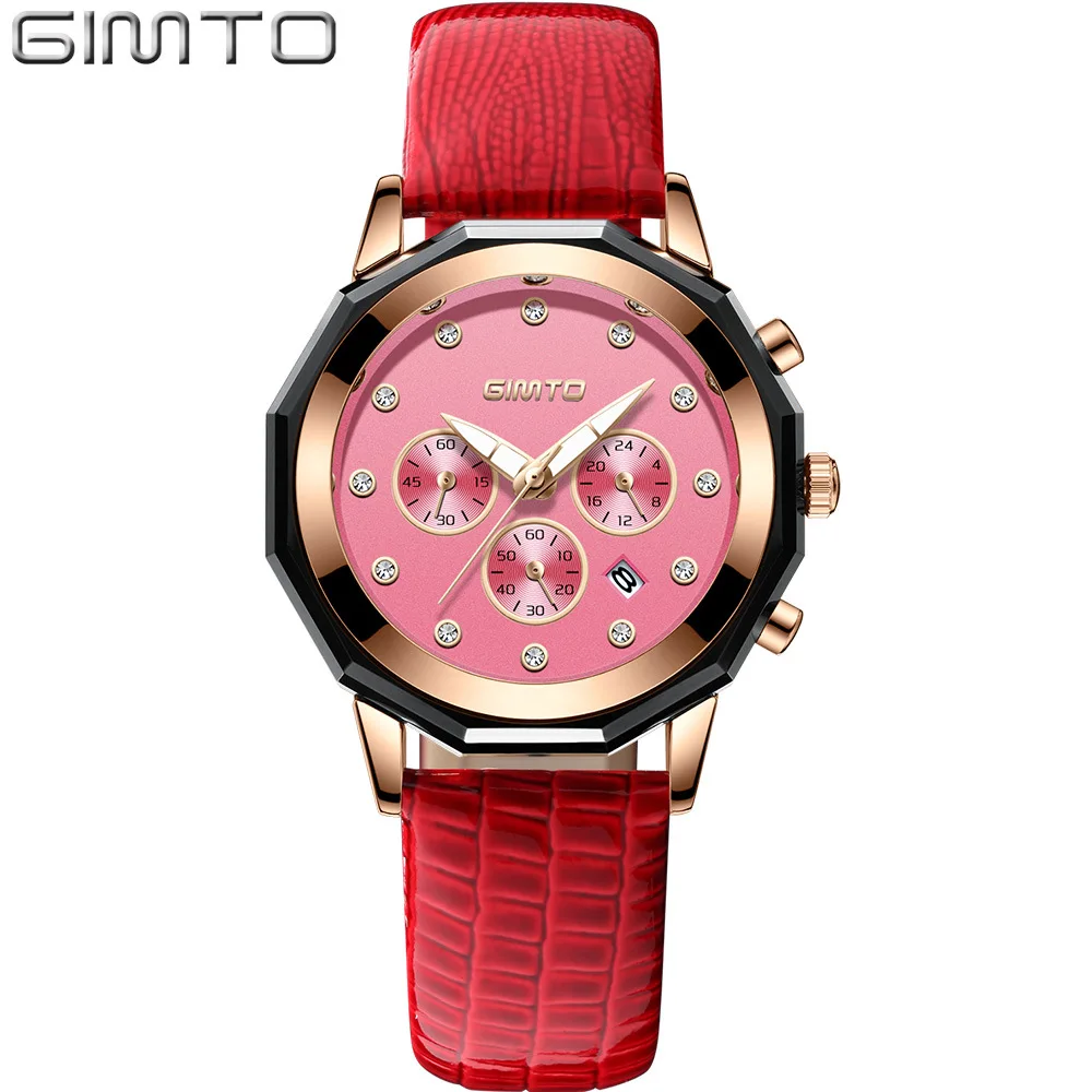 

Gimto Woman Watches Top Brand Luxury Waterproof Chronograph Watch Girl Leather Strap Casual Quartz Lady Dress Wrist Watch