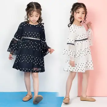 

2019 Fashion Kids Girl Elegant Lace Dots Flare Sleeve Dress Teen Girl Cotton Party Vestido Children Birthday Princess Dress Q587