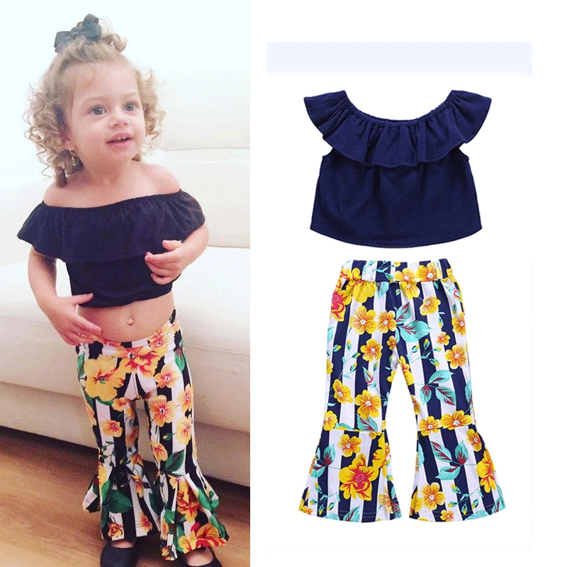 Ins Baby Girls Clothes Summer 2pcs Off Shoulder Girls Tees Ruffle Pants Children Girls Clothing Set 