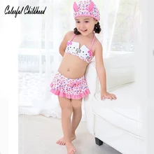 Крутая летняя одежда для купания для маленьких девочек; Новинка; Модный Купальник с милым котом; комплект из 3 предметов; Biqiuni; детский купальник; пляжный праздничный купальный костюм