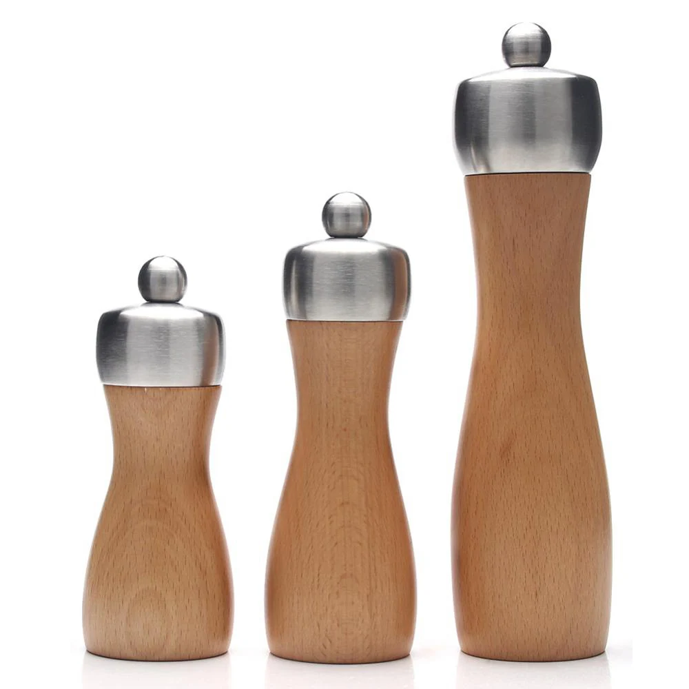 

Premium Wood Salt and Pepper Grinder Set, Beech Pepper Mill, Shakers with Adjustable Carbon Steel or Ceramic Core
