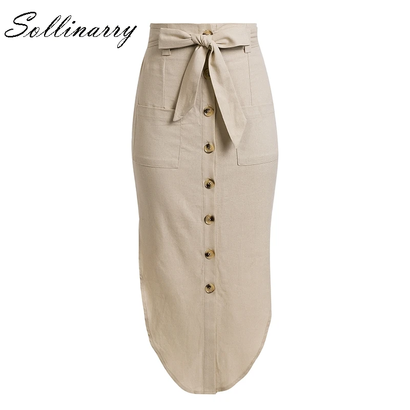 Sollinarry льняная юбка с бантом и высокой талией на пуговицах, Женские однотонные пляжные юбки с карманами, женская повседневная юбка средней длины Mujer