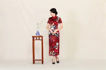 

Shanghai Story Top Quality Long Cheongsam Dress Short Sleeve Silk Qipao With Lining Chinese Traditional Clothing For Woman