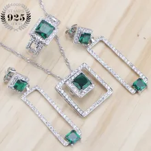 Свадебные 925 пробы, серебряные ювелирные наборы, зеленый цирконий, камень, серьги-гвоздики для женщин, кольцо, кулон, ожерелье, набор, подарочная коробка