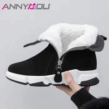 

ANNYMOLI Winter Snow Boots Women Cow Suede Zipper Flat Platform Ankle Boots Warm Wool Round Toe Short Shoes Lady Big Size 35-42
