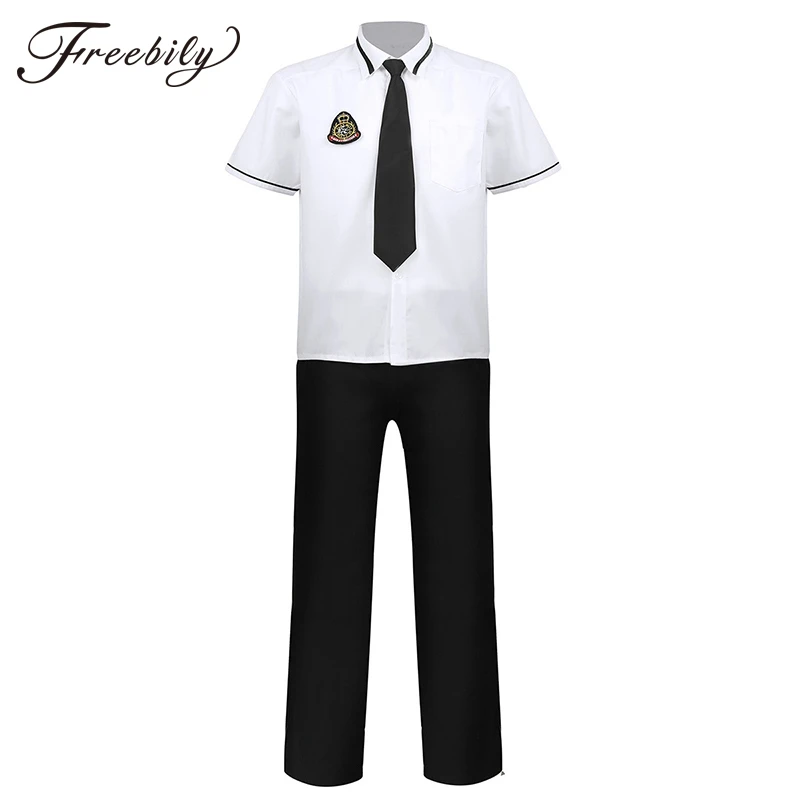 Men School Uniform Short Sleeves Shirt Tops Long Pants with Badge and