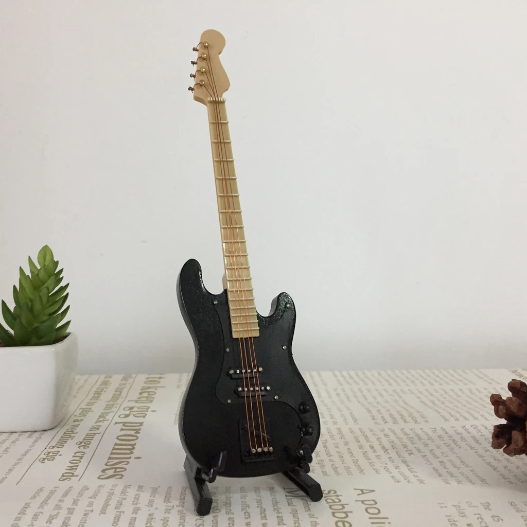 Handmade 1/6 Musical Instrument Crafts Wooden Electric Bass Guitar with Stand for Hot Toys for 1/6 BJD Dolls House