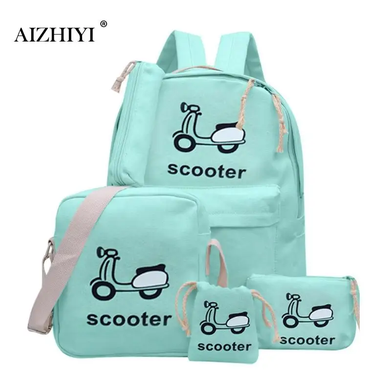 

5pcs/Set Unisex Car Print Canvas Backpacks for Girls Teenage Fashion Shoulder Bag Mini Cute Purse High Quality Clutch Schoolbags