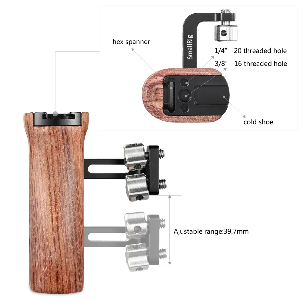  SmallRig Adjustable DSLR Wooden Camera Handle Universal Side Handle Grip W/ Cold Shoe Mount for Mic
