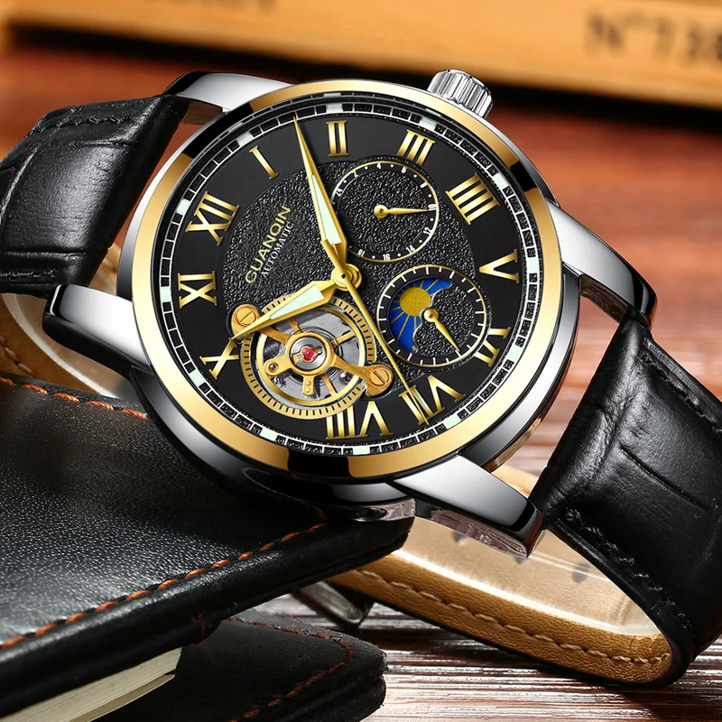 GUANQIN мужские часы Топ бренд класса люкс Tourbillon часы с скелетом мужские спортивные кожаные водонепроницаемые автоматические механические наручные часы