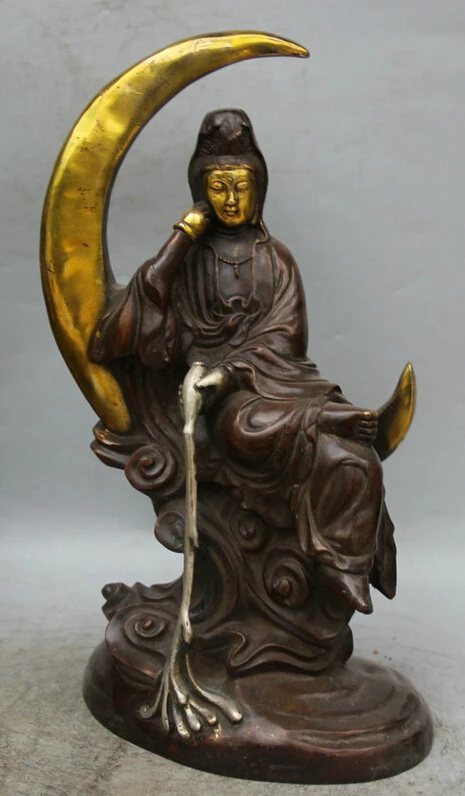 

Collectible bronze S2003 15" Chinese Bronze Gild Silver Seat moon Kwan-yin Guan Yin Goddess Vase Statue