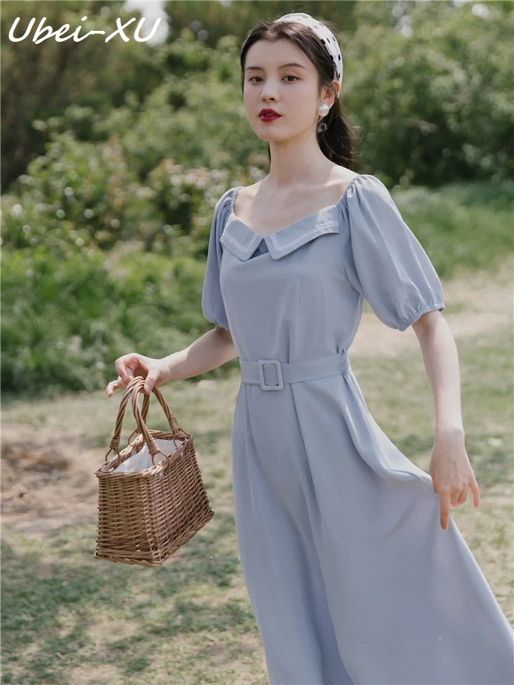 

Ubei New Summer high-waisted dress blue long chiffon dress fashion peter pan sweet girl dress