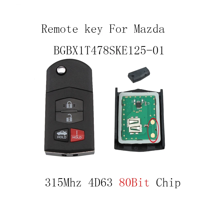 

2pcs*4Button Remote key For Mazda MX-5 Miata Mazda 3 Mazda 6 2010 2011 2012 2013 Transponder 4D63 80Bit Original keys 315Mhz