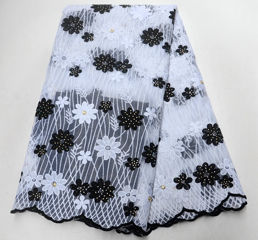 

New Flower Style White+Black Embroidered Tulle Lace Fabric For Party Dress High Quality Fashion African French Net Lace Fabric