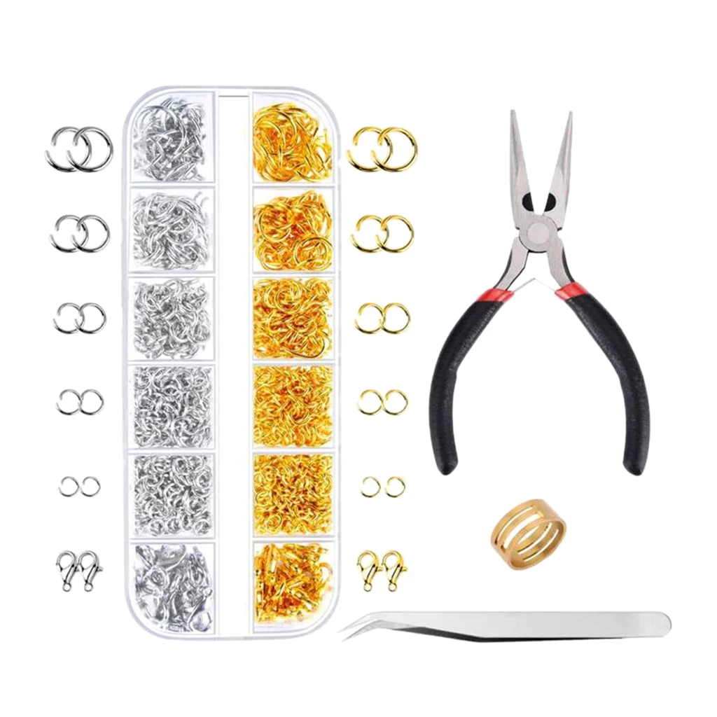 

Mixed Jewelry Findings Making Set Open Jump Ring Lobster Clasp Clip Needle Nosed Pliers Curved Tweezers Kit