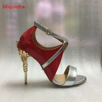 

Miquinha Gold Leaves Decor High Thin Heel Women Gladiator Metal Embellished Pumps Super Star Runway Shoes Wedding Party Shoes