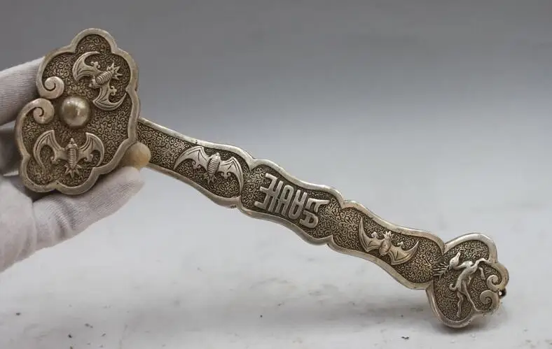 

Chinese Folk Fengshui White Copper Silver Bat Blessing Auspicious Ru Yi statue
