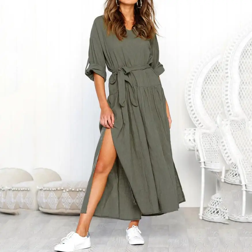Женское платье с длинным рукавом KANCOOLD повседневное свободное макси v образным
