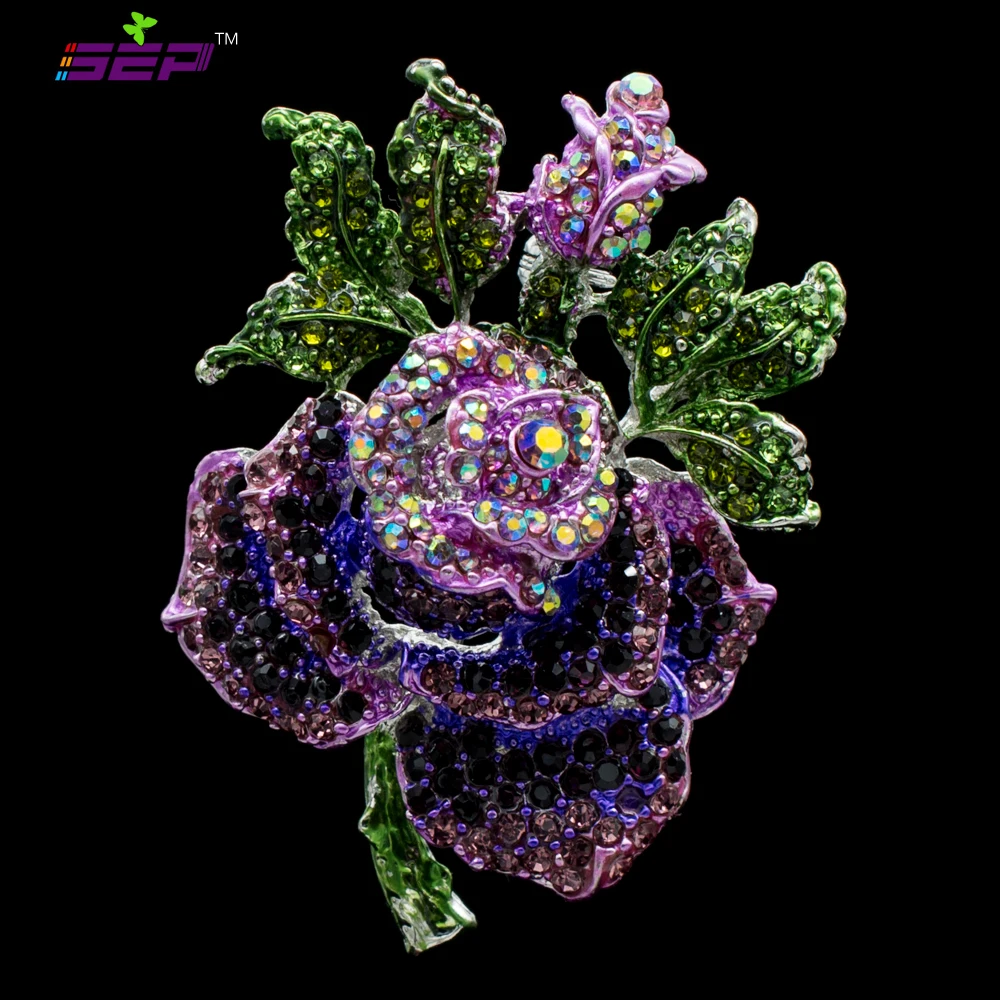 Beautiful Rhinestone Fashion Jewelry Rose Bud Brooches Purple Rhinestone Crystal Brooch Pin Free shipping 6635